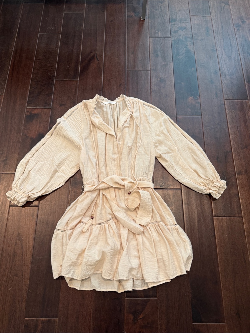 Zara Cream Textured Peasant Dress with Tie Waist